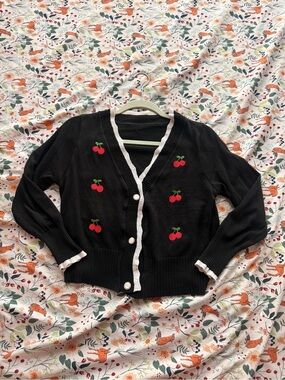 Black Cherry-Embroidered V-Neck Cardigan Sweater